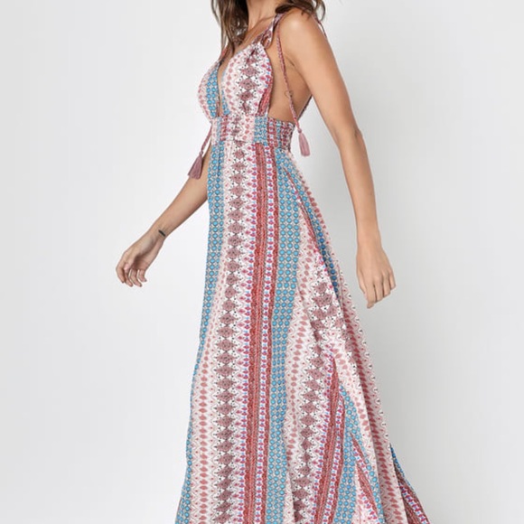 Lulu’s Maxin' Relaxin' Blue Multi Print Sleeveless Tie-Strap Maxi Dress - Picture 4 of 6